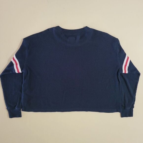 Hollister Navy Waffle-knit Long Sleeve Boyfriend Crop Crew with Varsity Stripes - Picture 15 of 16